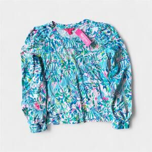 Lilly Pulitzer Jansen Long Sleeve Sweatshirt Blue Ibiza Cabana Cocktail M NWT